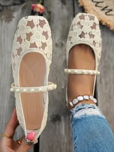 Square Toe Lace Floral Pearl Mary Jane Flats for Women
