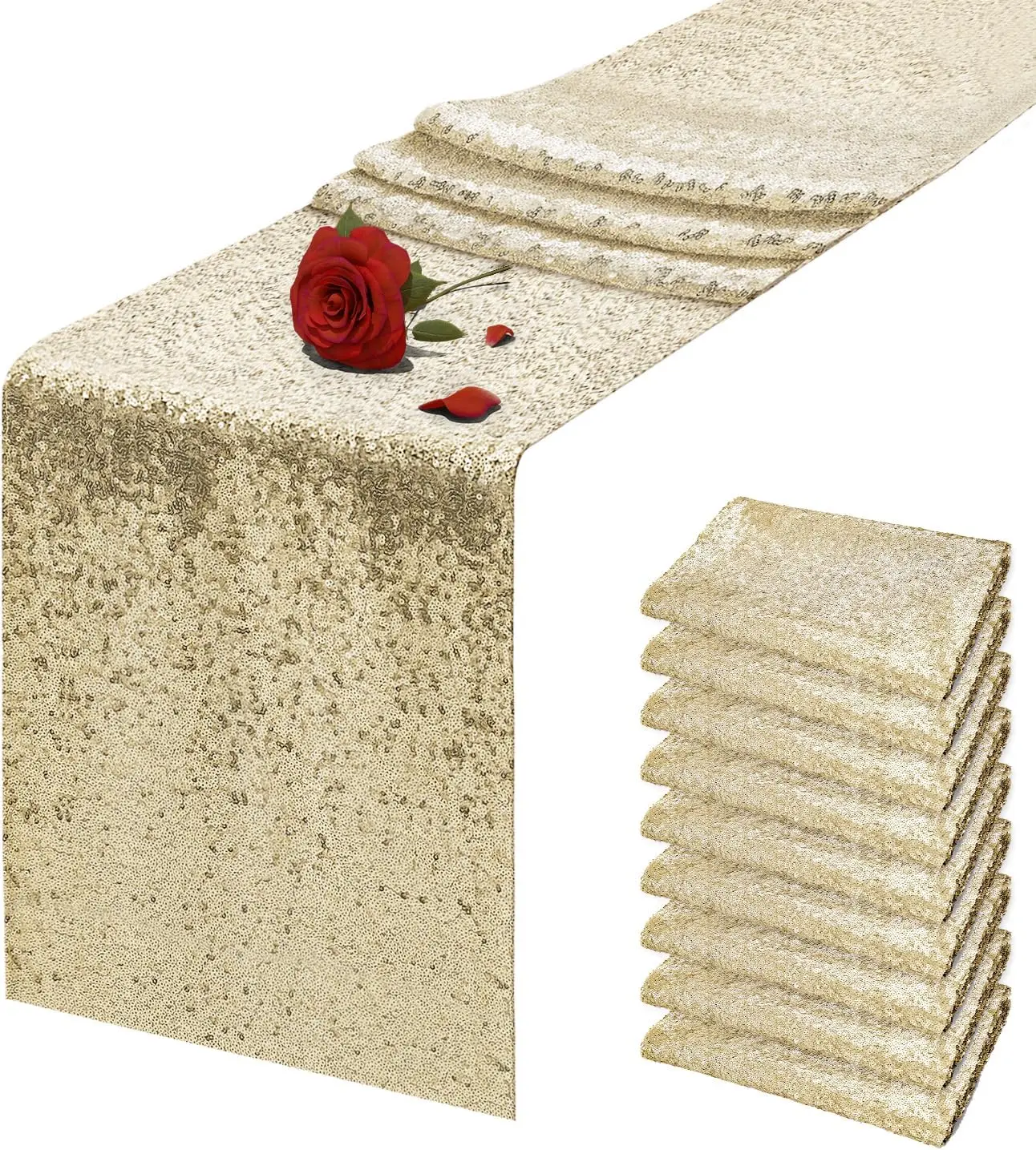 【Party Decoration】Champagne Sequin Rectangle Table Runner (6/10 Packs, 12x108" Glittering Fabric Linen, Folded Edges) - Dining Table Enhancer, Tablecloth Alternative for Wedding, Halloween Event