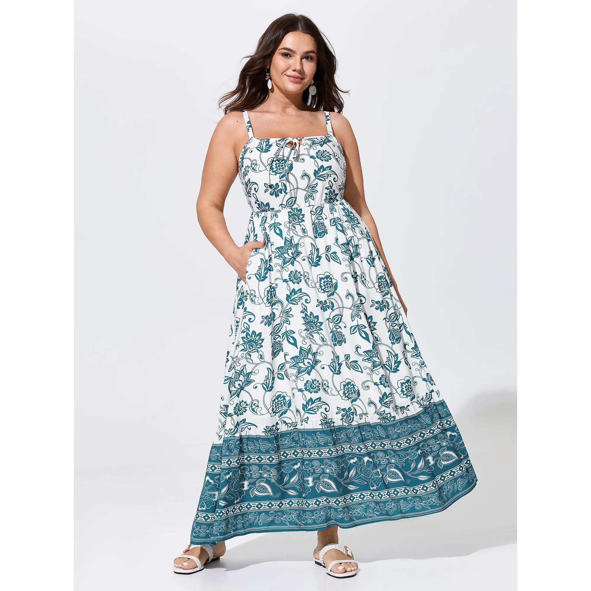 BloomChic Plus Size Smooth Polyester Fabric Midi Garment, Casual Resort Style with a Neck-Tie and Smocked Bodice