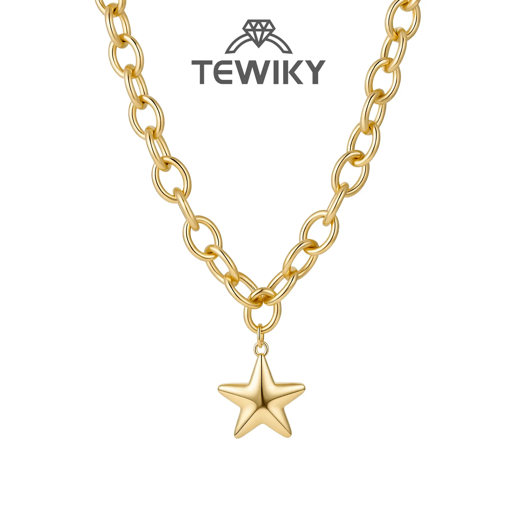 Tewiky Gold Chunky O-Chain Star Pendant Necklace, High-Gloss Five-Point Star Statement Jewelry for Women