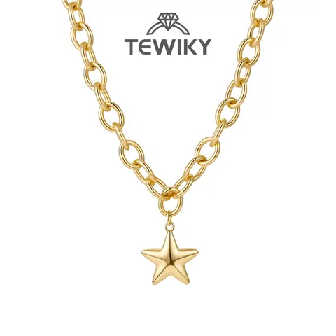 Tewiky Women's Gold Chunky O Chain Star Pendant Necklace High Gloss 5 Point Star Statement Jewelry, Bold & Bright Necklaces, Accessories for Women