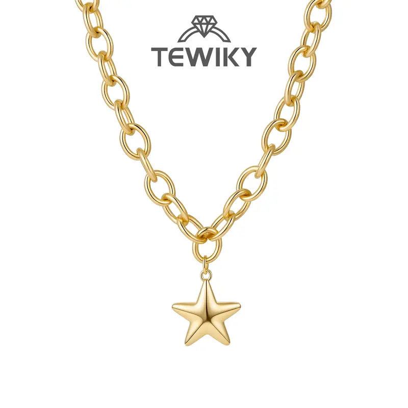 Tewiky Women's Gold Chunky O Chain Star Pendant Necklace High Gloss 5 Point Star Statement Jewelry, Bold & Bright Necklaces, Accessories for Women