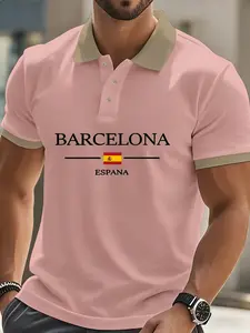 Barcelona Spain Theme Print Classic Polo Shirt, South European Style Turn-Down Collar Half Sleeve, Summer Breathable Men's Casual Wear