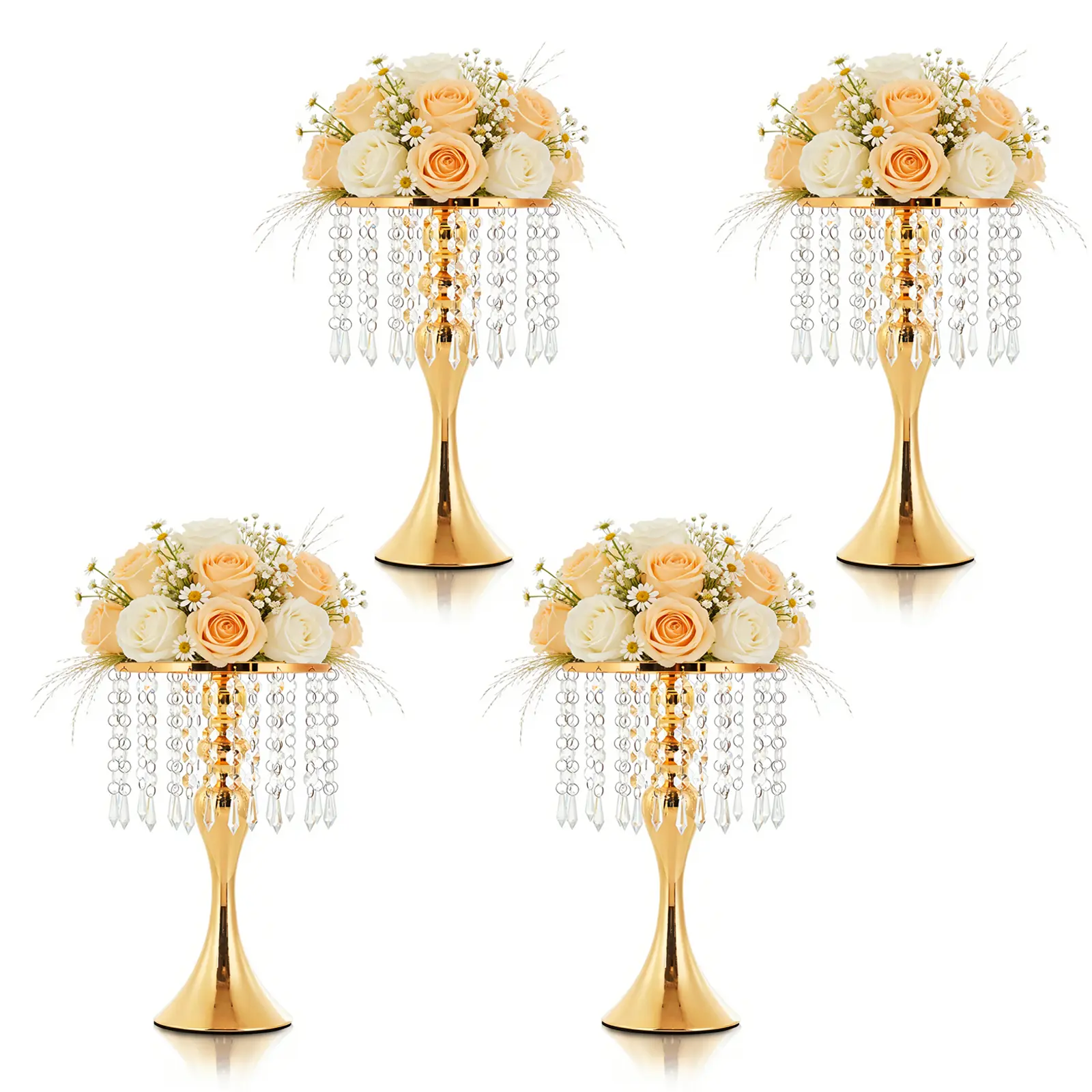 4Pcs Glossy Gold Pedestal Vase Set - 13.78in/35cm Tall Crystal Centerpieces, Elegant Candle Holder & Flower Stand for Wedding, Home Decoration, Gift