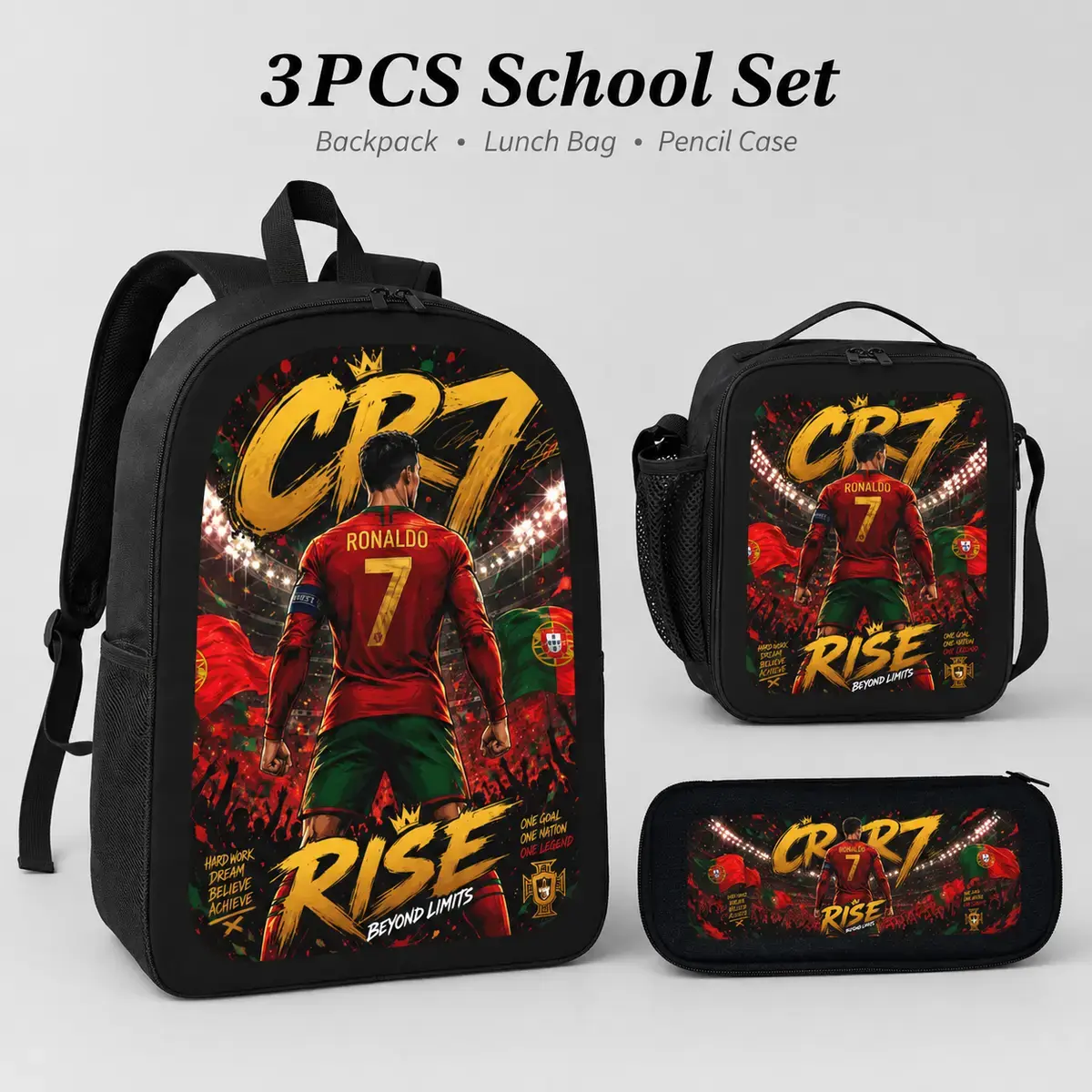 3PCS Soccer Backpack Set for Boys Girls Teens, Football No.7 Graphic School Backpack with Insulated Lunch Bag and Pencil Case, 600D Oxford Cloth Bookbag Set with Padded Straps, Side Pockets for School Travel