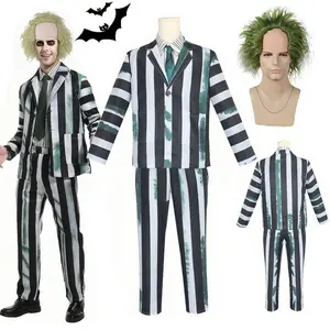 Adult Men Costume Black and White Striped Suit with Wig for Halloween Cosplay Party Outfit Horror Movie Character