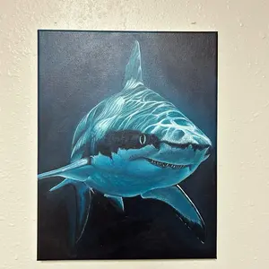 Shark Canvas Art 14x11 Inches Mounted on Canvas Acrylic Technique Vibrant Light Reflections Deep Sea Shark Painting