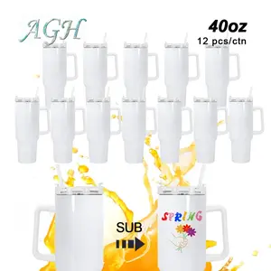 USA 12PCS 40OZ Sublimation blank white handle travel mug with lid and straw - white