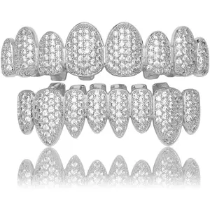 Rap Hip-Hop Teeth Grillz Set for Halloween with Copper CZ Bling Grillz Diamond Grills for Your Teeth for Men Women 18K Gold Plated Iced Out Macro Pave Cubic Zirconia Mouth Grill with Extra Molding Bars Included Oral Silicone