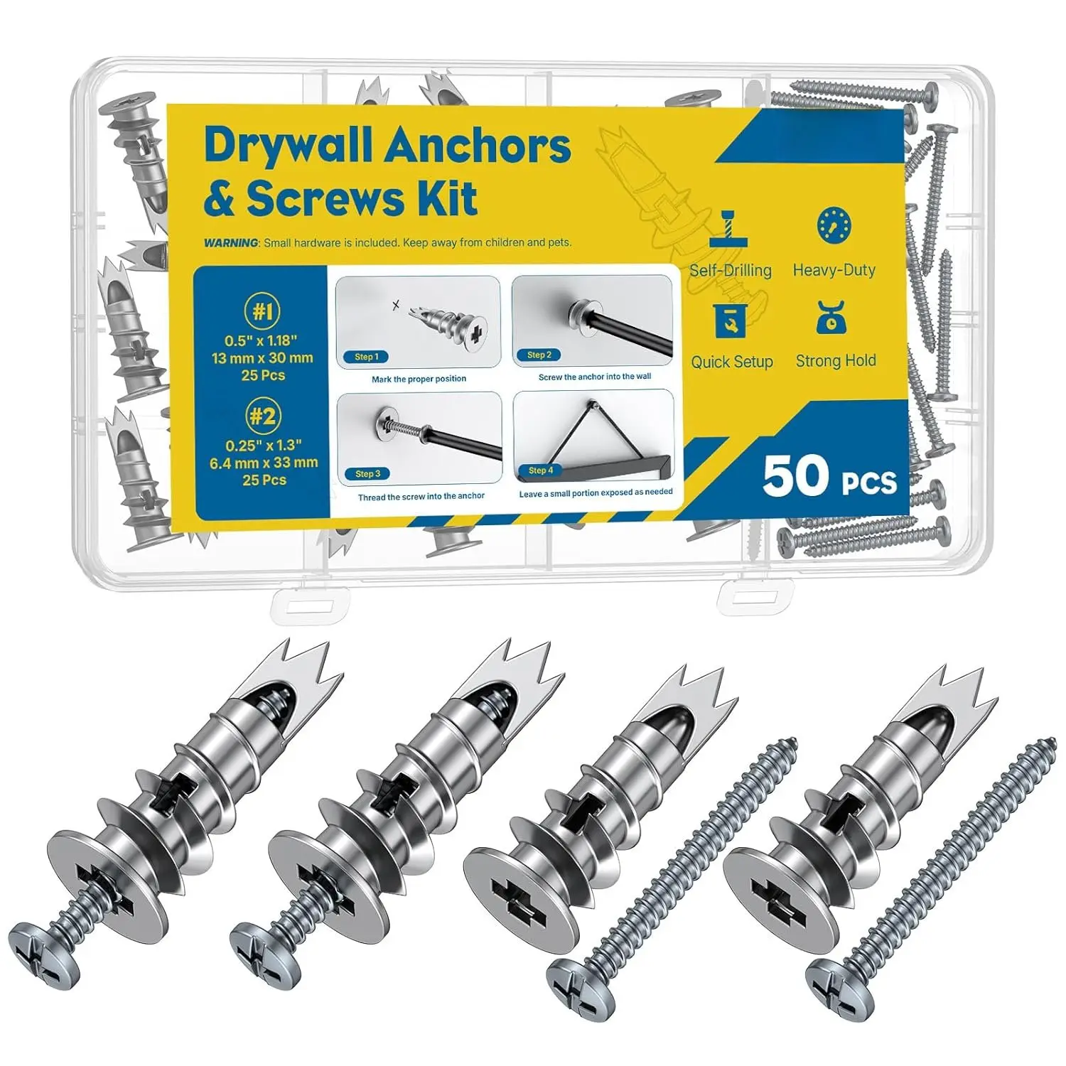 Self Drilling Drywall Anchors, Heavy Duty Wall Anchors for Drywall, Metal Dry Wall Anchors and Screws Kit, Zinc Alloy Sheetrock Anchors with #6 x 1 5/16" Screws, Picture  Kit, 50 count