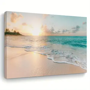 A Beach Sunset Canvas Wall Art with Wooden Frame, Ocean Inspired Design Coastal Landscape Print, Modern Home Decor, Suitable for Home and Office Decoration, Bachelorette Party Gift, Hanging Painting for Living Room, Bedroom, Kitchen