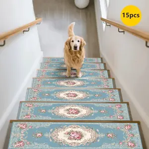 15pc European Vintage Rose Stair Mats Non-Slip Durable Home Stair Carpet Self-Adhesive Step Pads, Anti-Slip Stair Treads