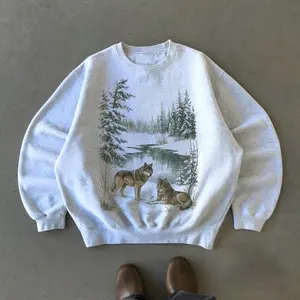 Retro Wolf 90s Sweatshirt , Nature Vintage Wildlife Forest Crewneck, Boho Unisex Cabincore Crewneck Cozy Season Rustic Wolves Top
