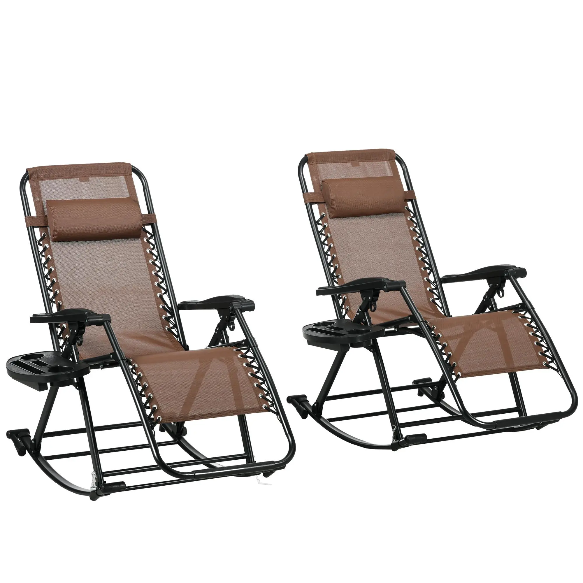 Outsunny 2-Pack Patio Outdoor Chair Set, Foldable Adjustable Reclining Zero Gravity Rockers with Pillow, Cup & Phone Holder, Foldable-Leg Combo Design, Brown, Adjustable Reclining Chairs, Balcony Outdoor
