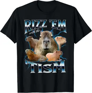 [Cotton graphic tees]men gifts Casual shortsleeve tops  Rizz Em With The Tism Capybara Funny Oddly Dank Meme T-Shirt