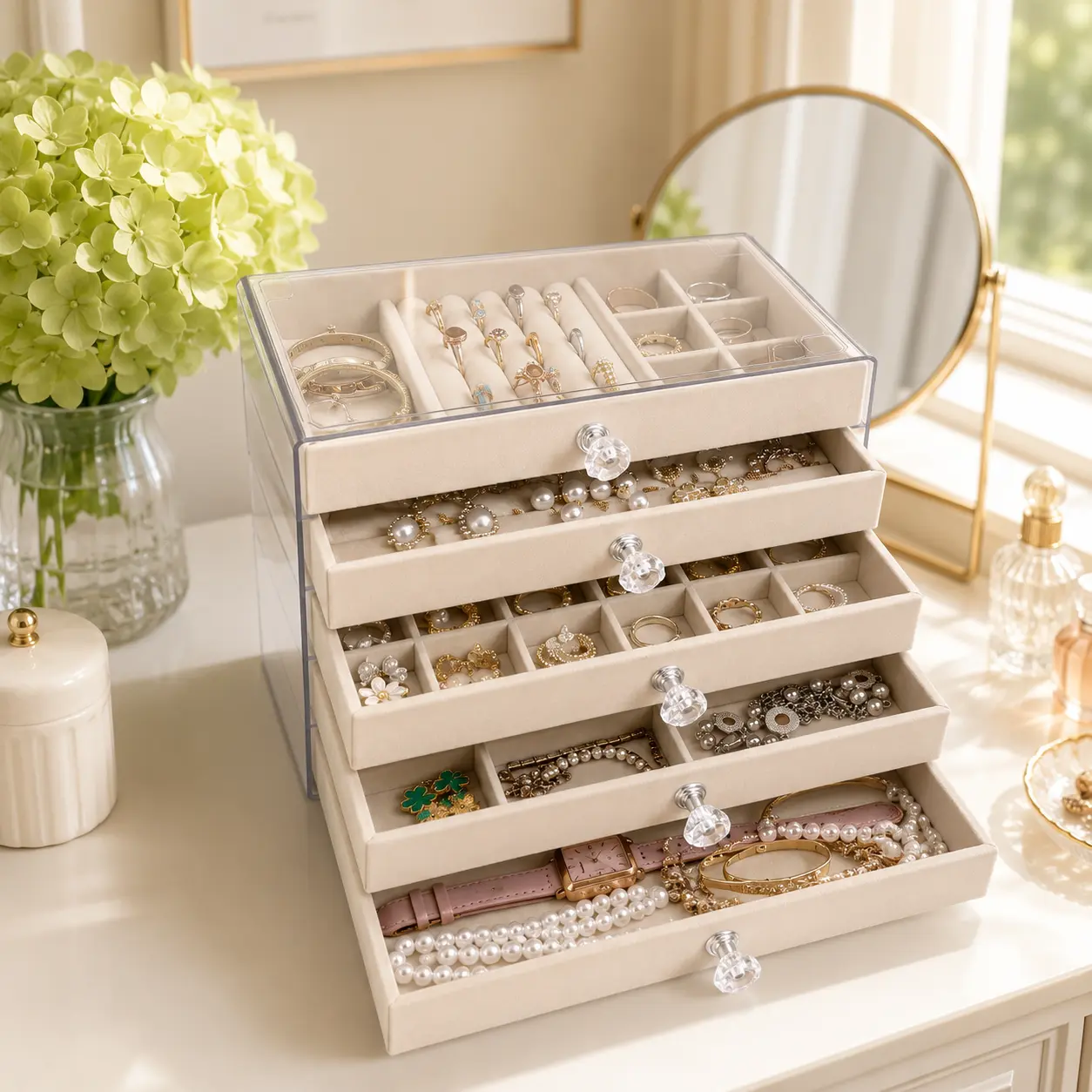 5-Layer Clear Acrylic Jewelry Organizer Box for Women, Stackable Velvet Drawer Storage Case with Dustproof Lid for Earrings, Rings, Necklaces and Bracelets