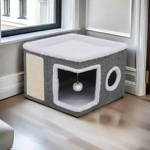 A Cat Bed Suitable For Indoor Cats, With A Large Cat Hole For A Comfortable Apartment, Fluffy Hanging Balls, Round Windows, A Foldable Indoor Cat House, Capable Of Bearing Up To 30 Pounds , With Double-Sided Soft Cushions, Suitable For All Seasons Home
