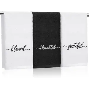 SmoothNovelty 3 Pcs Thanksgiving Black and White Fingertip Towels 100% Cotton Fall Farmhouse Bathroom Hand Towels 12 x 18 in Decorative Embroidery Blessed Thankful Grateful for Gift Home Decor