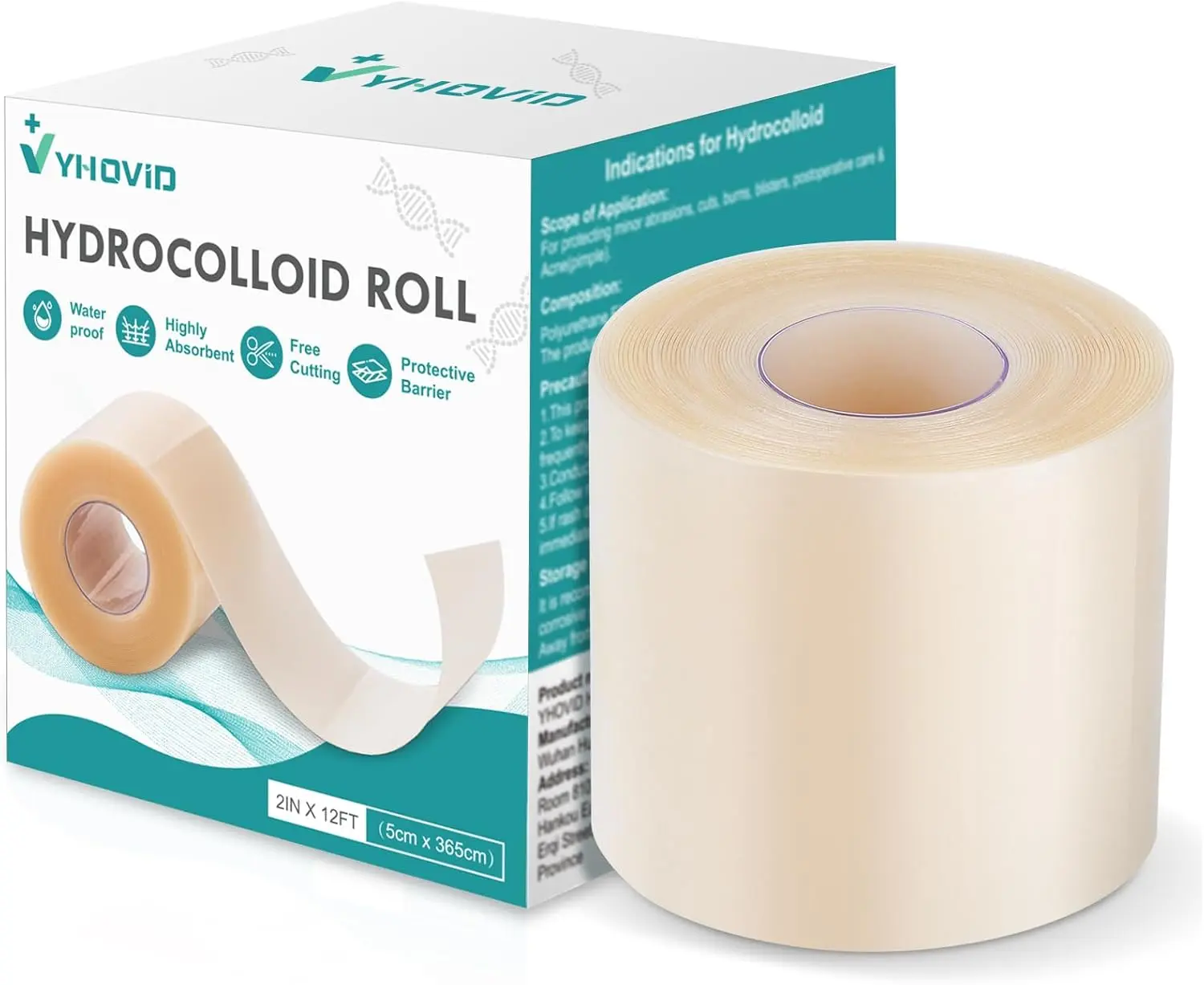 Hydrocolloid Bandage Roll - Highly Absorbent, Flexible, Waterproof Self-Adhesive Customizable First Aid Tape (1.9in x 60in/1.5M), Prop 65 Safe for Healthcare Wound Care, Blisters, Anti-Acne Single Roll, 1.9" X 60"