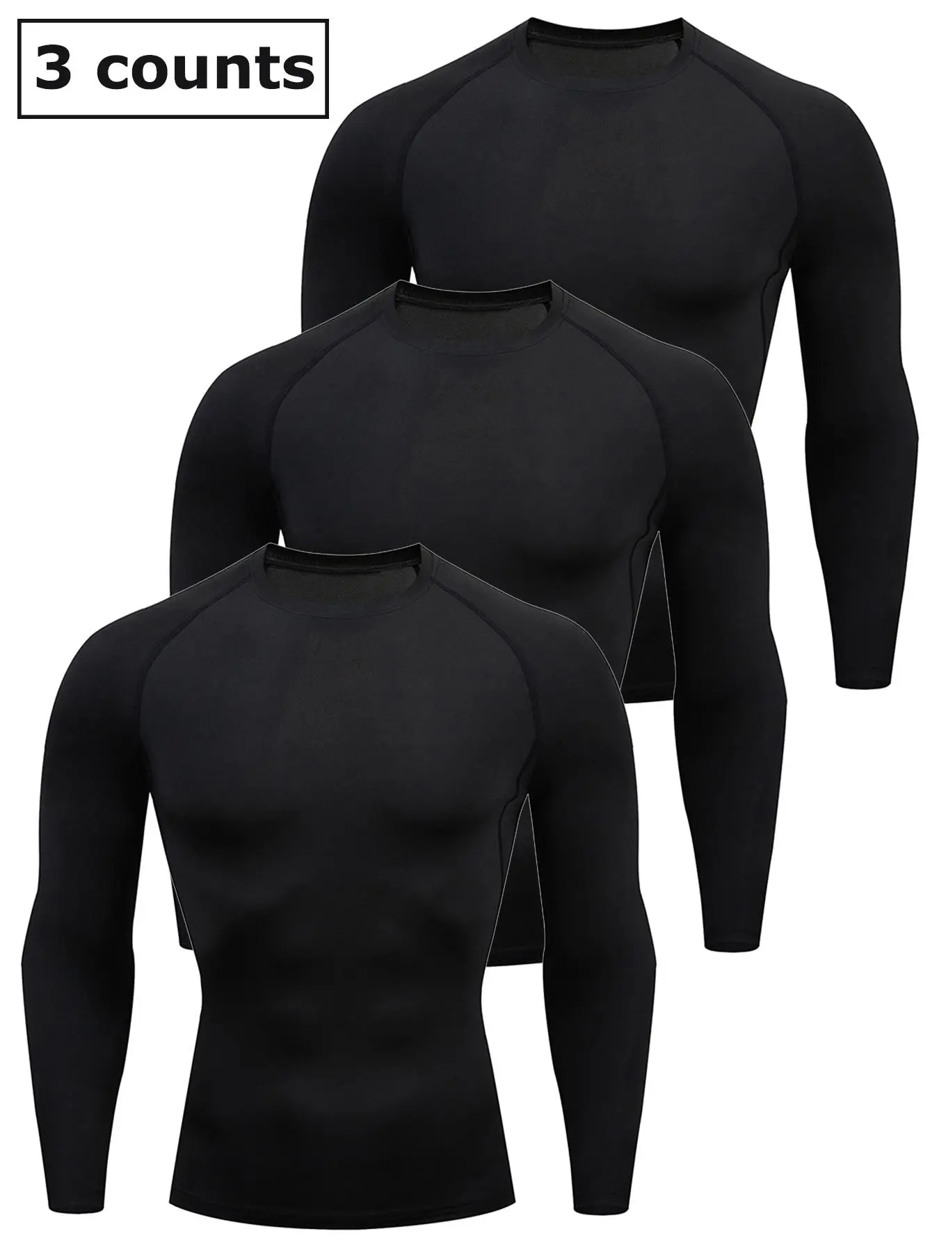 Men's 3pcs Solid Round Neck Raglan Sleeve Sports Tee, Quick Drying Breathable Long Sleeve T-shirt, Crew Neck Tight-fitting Tee Shirts for Men, Sportsw