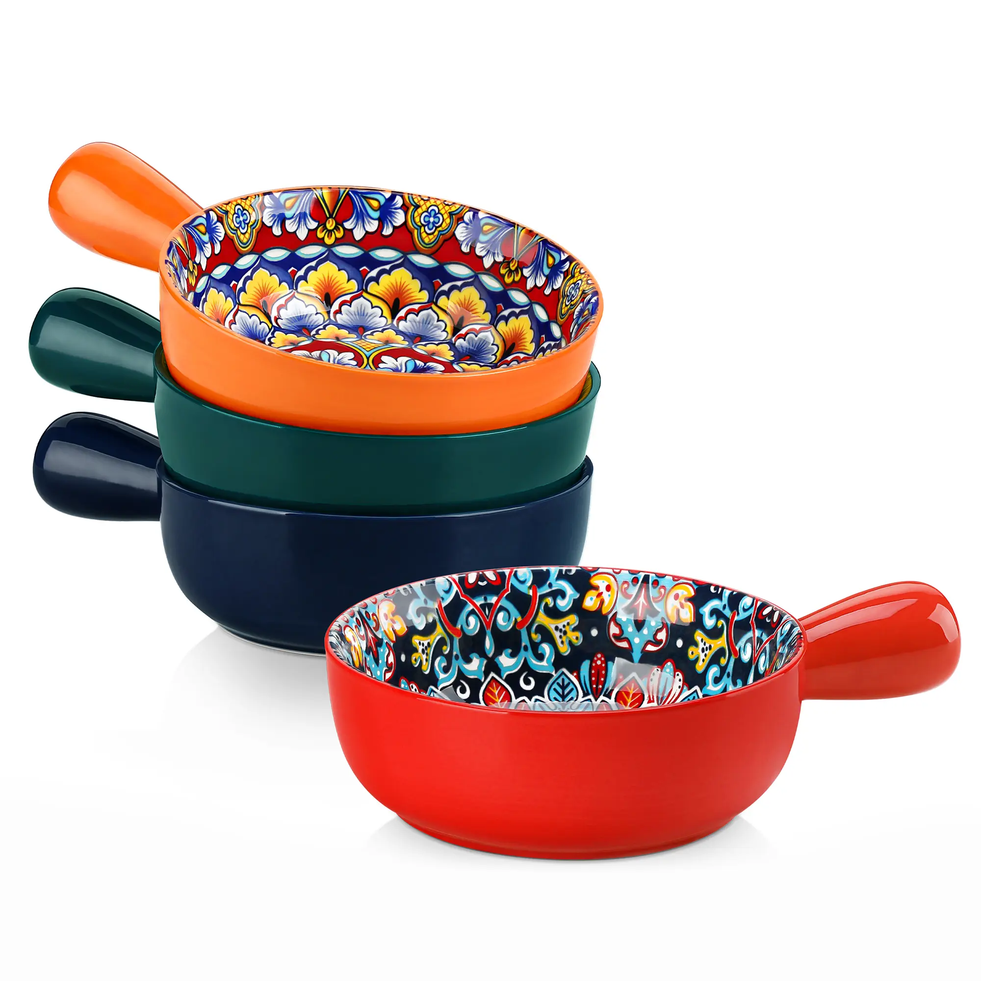 Vancasso 23oz Ceramic Soup Bowls with Handles, Set of 4 | Bohemian Oven Safe Soup Crocks for French Onion Soup, Chili, Cereal, Pasta, Microwave & Dishwasher Safe, 6.2"