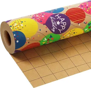 Kraft Wrapping Paper Roll Colorful Balloons Design Perfect for Birthday Holiday Wrap 17 inch X 33 feet.