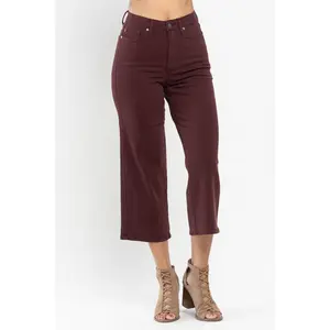 Judy Blue High Waist Tummy Control Garment Dyed Wide Leg Crop Oxblood Denim Jeans 88752, Spandex, Cotton