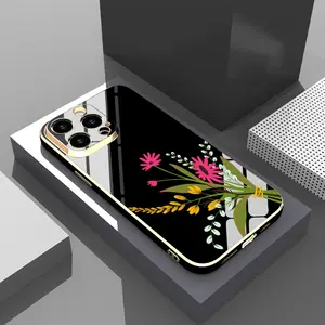 Electroplated Four-corner Phone Case for iPhone 15 Plus 16 Pro Max 14 13 12 11 mini XS XR Floral Whisper Pattern Anti-Scratch Shockproof Soft Silicone Protective Cover