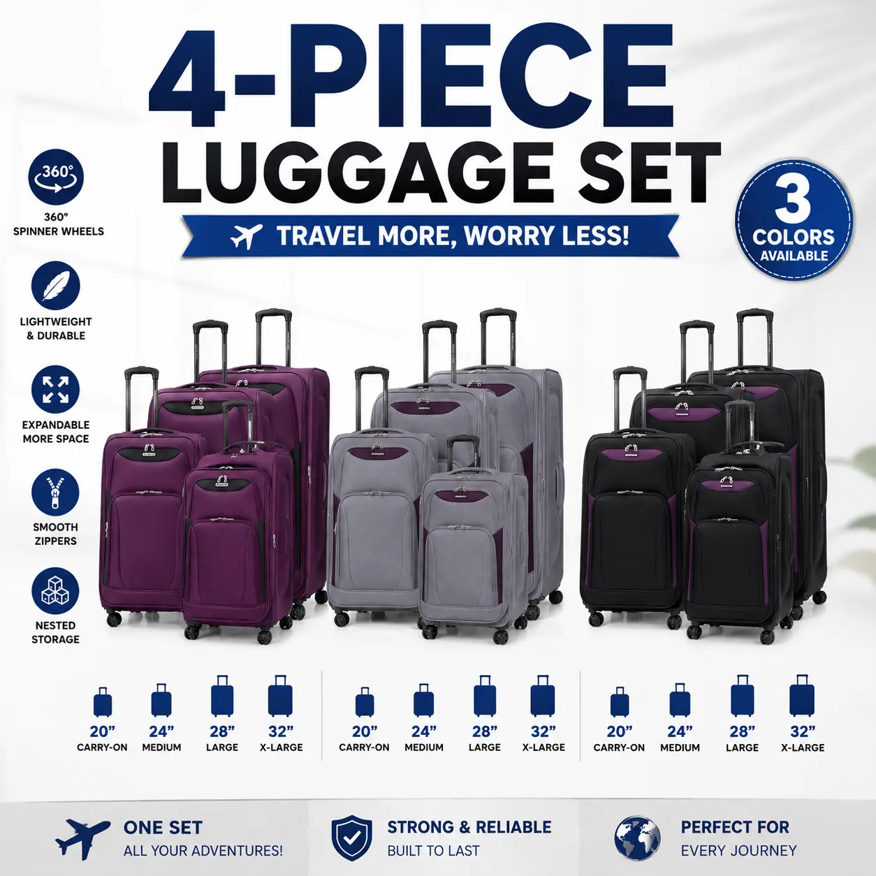 4-Piece Expandable Softside Luggage Set with Spinner Wheels, Lightweight Travel Suitcases 20/24/28/32 Inch 4-Piece Expandable Softside Luggage Set with Spinner Wheels, Lightweight Travel Suitcases 20/24/28/32 Inch