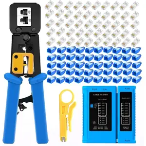 rj45 Crimping Tool for Cat6 Cat5e Cat5, Sturdy Crimper for rj45 rj12/11 Pass-Through Connectors with 50 count rj45 Cat5e Pass-Through Connectors, 50 count Covers, Wire Stripper; Network  Tester