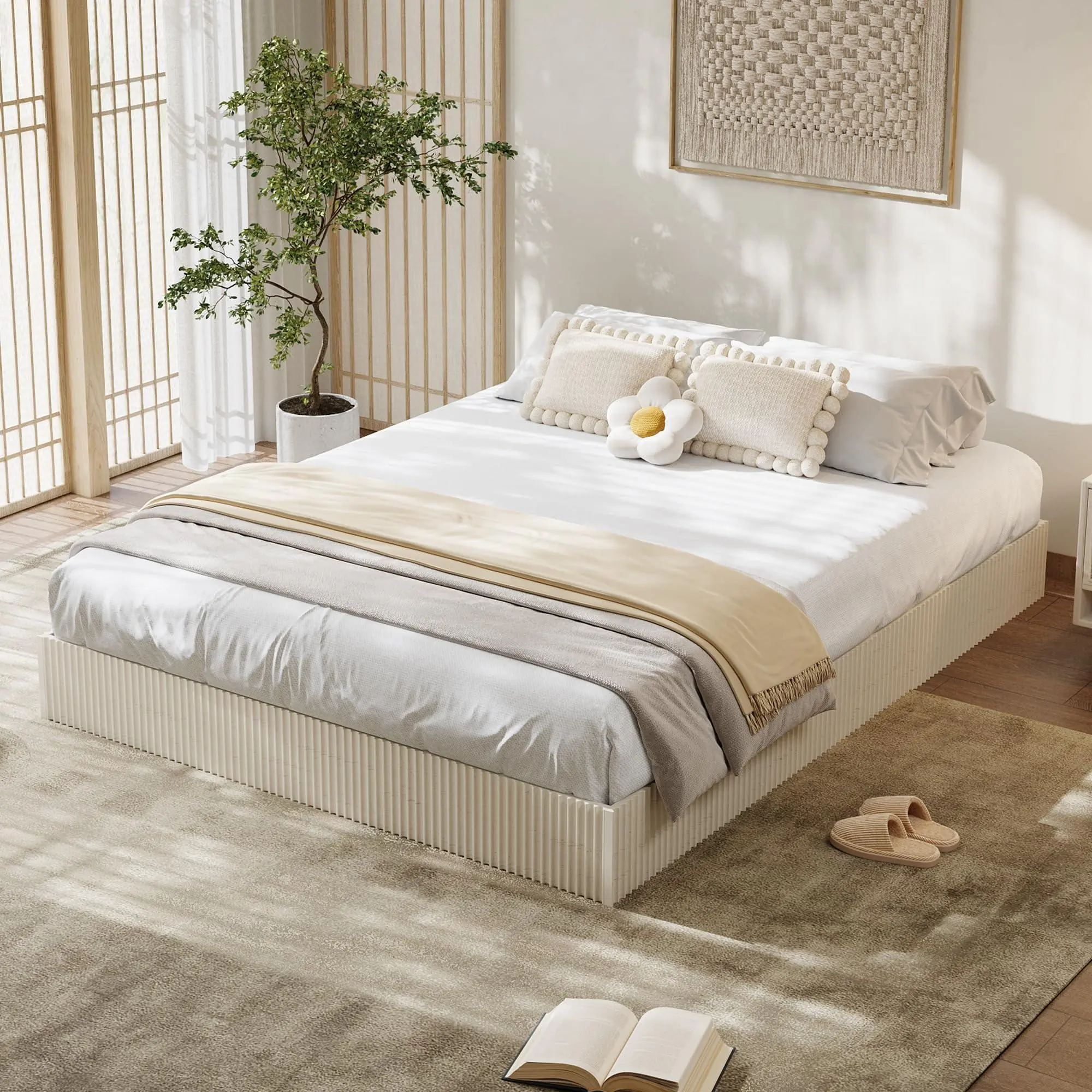 California King Size Bed Frame, Wood Platform Bed, Fluted Bed Frame, Minimalist Bed Base with Low Profile Design, Noise-Free, Easy Assembly, No Box Spring Needed, Cream White