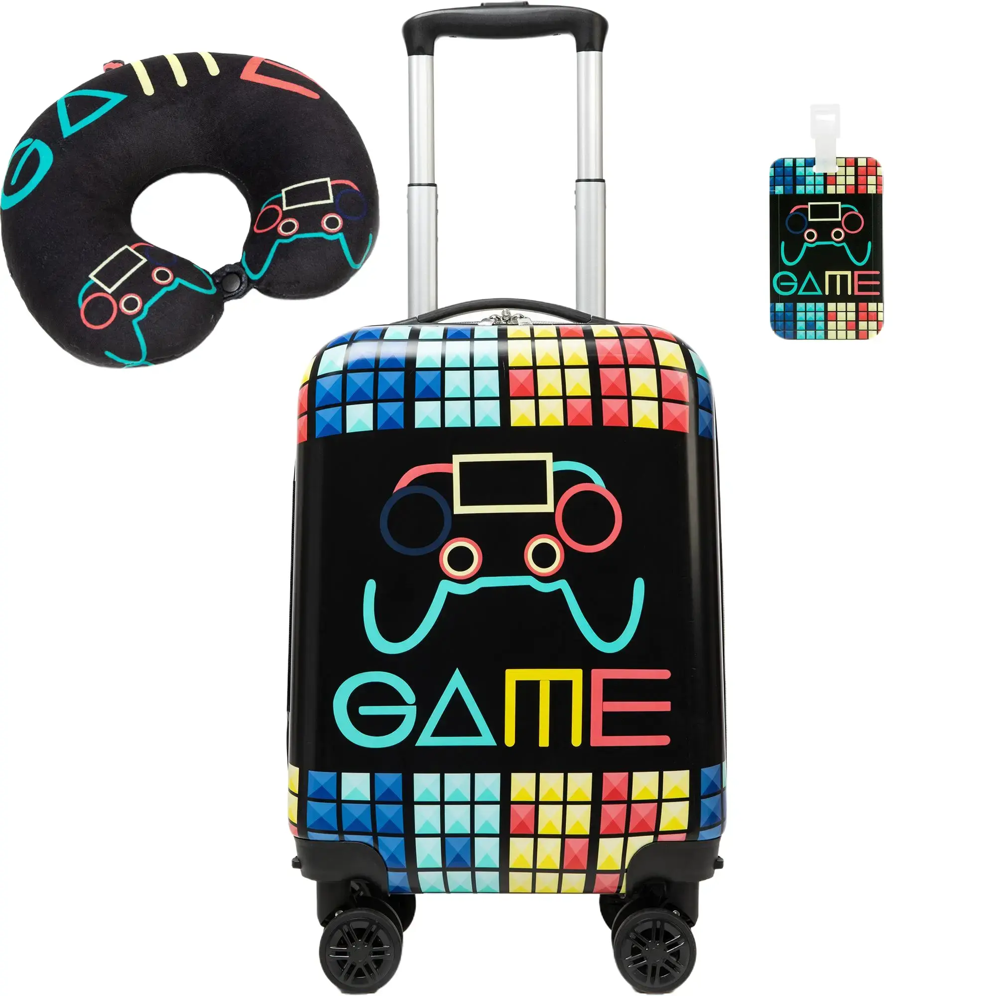 Kids' 3-Piece Hardshell Gaming Luggage Set - ABS Plastic, 360° Wheels Spinner, Retro Pixel Controller Design, Neck Pillow, Luggage Tag, Pack Bag (for Boys), Carry-On Spinner, 360 Rotation Carry-On Luggage