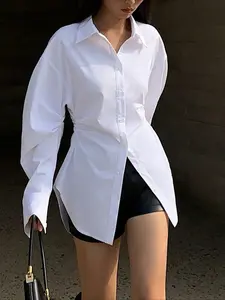 Elegant Women's Long Sleeve Fitted Woven Vacation Shirt Blouse, Fashionable Outdoor Top for Travel & Leisure, Stylish Ladies' Clothing for Casual Wear