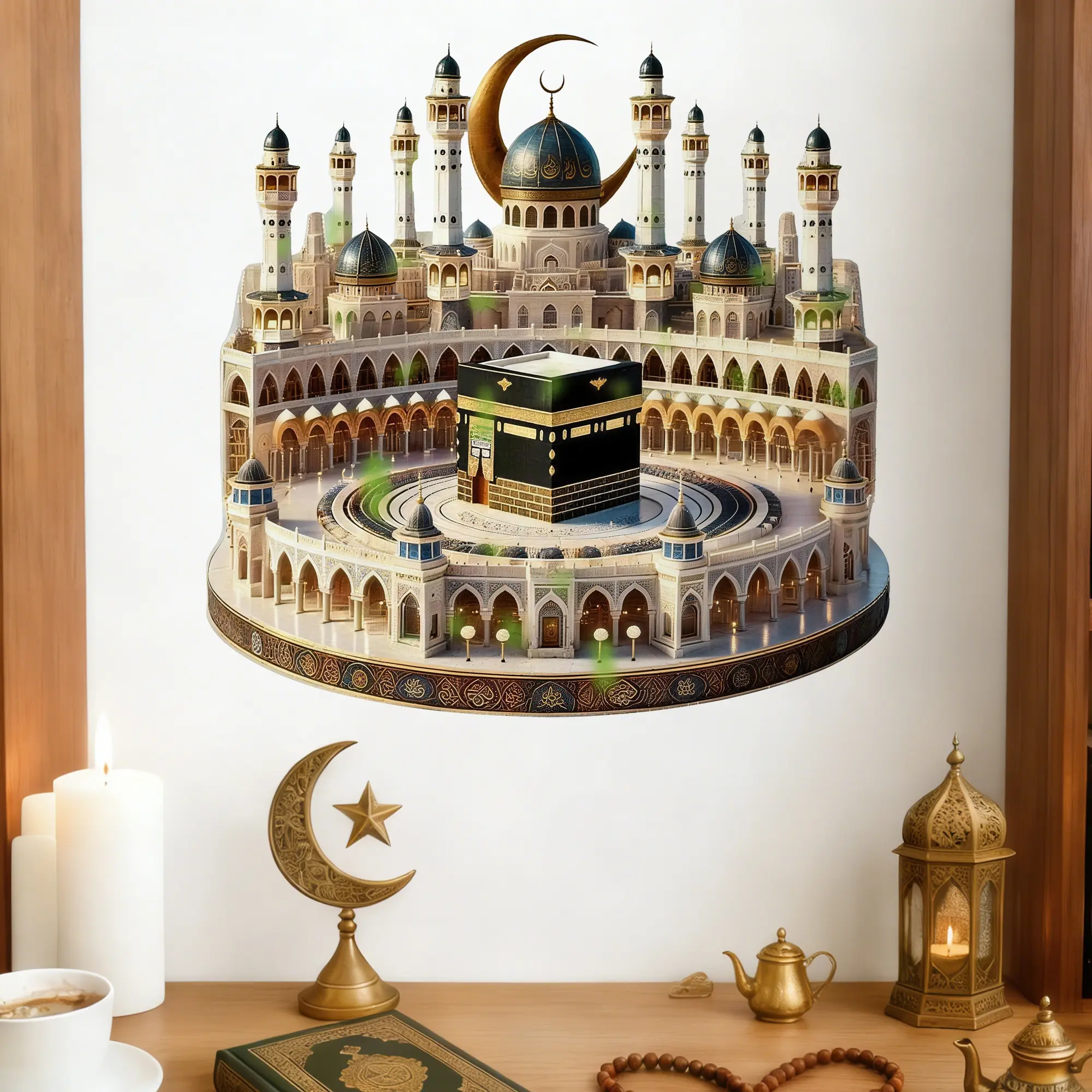 Islamic Kaaba Mosque Decorative Wall Sticker Removable Waterproof Aesthetic Muslim Home Decor Living Room Bedroom Boho Art Decal Wall Art Stickers for Ramadan Eid Decorations