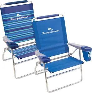 Tommy Bahama Extra Tall Beach Chair Set of 2 - 4 Position Reclining with Cupholder Side Storage Pouch & Phone Holder - 15" Seat Height - Portable Lightweight Design