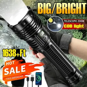Super Powerful Rechargeable Telescopic Zoom Torch with COB Light - USB-C Charging, Lithium Battery, Adjustable Beam, 10000+ Lumens, 1000+ Lux, 1000+ Lumens, Portable Emergency Flashlight for Outdoor Use, High Lumens Flashlight