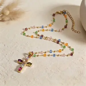 Ultra-Sparkling Multicolored Zirconia Rainbow Cross Pendant Necklace - Dainty Multicolor Faith Cross Necklace,Vintage Glam &  Vibes for Women Girls,Colorful Sparkle Perfect for Daily Outfits Church & Festivals jewelry y2k jewellery Jesus Crucifix