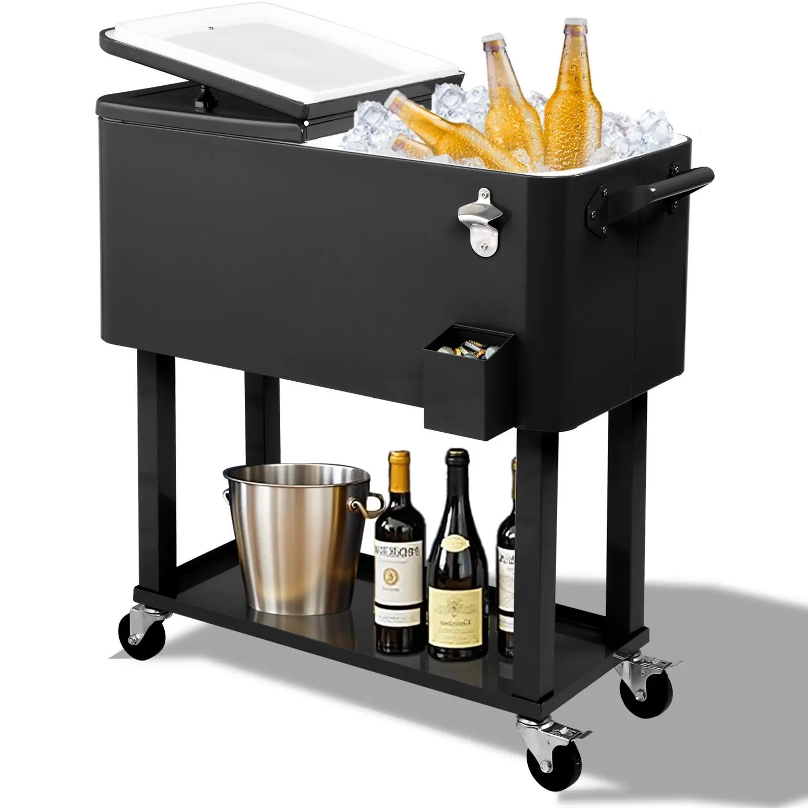 Ubesgoo 80 Qt Rolling Beverage Cooler - Portable Poolside Cooler with Transport Wheels, Catch Basin, Bottom Tray, Bottle Opener, 48hr Cool Preservation, Cooling Function for Beach Activities, Patio Parties