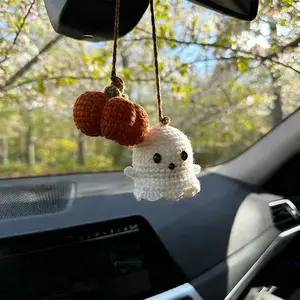 Crochet Ghost & Pumpkin Rear View Mirror Hanging Car Charm Handmade Cute Spring Refresh & Daily Joy Ornament Amigurumi