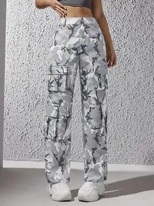 Women's Camo Print High Waist Drawstring Hem Cargo Pants, Casual Flap Pocket Button Wide Leg Trousers for Spring & Fall, Women's Bottoms for Daily Wear, Casual Streetwear Pants, Casual Fashion Pants, Casual Chic Trousers