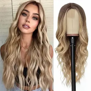 28 Inch Wig Ombre Blone Highlight Wavy 4" Simulated Scalp Transparent Lace Front Wig Synthetic Fiber Wig For Women Everyday Wear