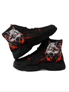 Women's Wolf Print Lace Up Front High Top Sneakers, Athletic Gym Sneakers, Casual Sporty Breathable Comfortable Lightweight Shock-absorbing Sports Shoes, Female All-match Round Toe Shoes for Daily Wear