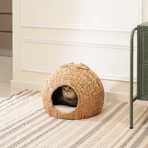 Water Hyacinth Woven Wicker Round Bed Cave Handles x For Any Size Breeds Chihuahua and Use with Cat Tower