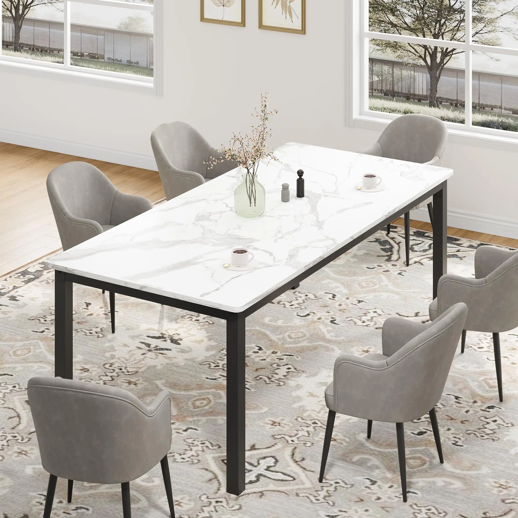 71-Inch Industrial Wooden Dining Room Table - Metal Legs, Round Corners, Quick Assembly, Multi-Use as Study Desk - Modern Farmhouse Kitchen/Dining Room (White)