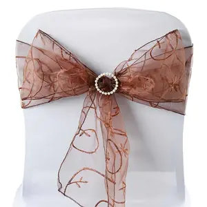5 Pack Organza Chair Sashes 7"x108" Chocolate with Satin Leaf Embroidery - Sheer Decorative Chair Bows
