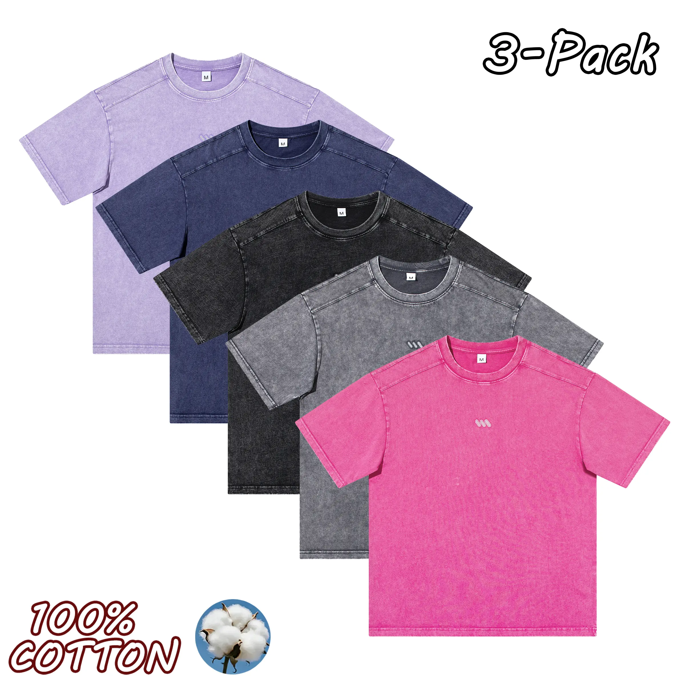 Menswear 3-Pack 100% Pure Cotton Crew Neck Short-Sleeve T-Shirts - Solid-Color Minimalist, New Retro Washed-Distressed, Unisex Couples’ Matching Streetwear Tops for Casual Everyday & Outdoor Sports Use