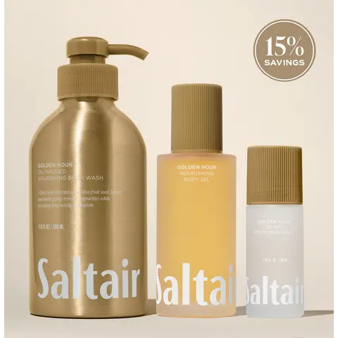 Saltair Golden Hour Essentials Set - Oil-Infused Body Wash (17 fl oz), Nourishing Body Oil (4 fl oz) & AHA Serum Roll-On Deodorant (1.7 fl oz) Bundle for Soft, Glowing Skin - Radiant Sunflower, Juicy Pineapple, Fresh Coconut.
