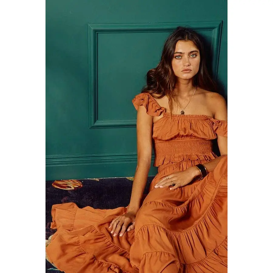 IT1648-SET Smocked Details Ruffled Top Tiered Maxi Skirt Set
