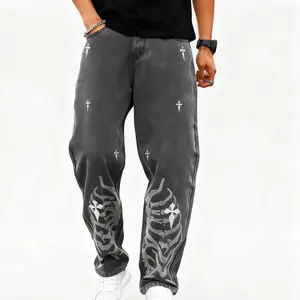 BINDEFON Men's Washed Denim Pants with Cross Logo & Slanted Pockets All-Season Graphic Jeans Skeleton Print Street Outfit for Christmas New Year