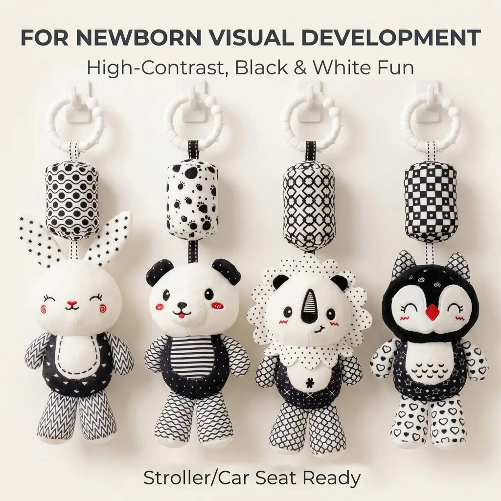 Baby Car Seat Toys Black White Stroller Toy Hanging Rattle for Crib Mobile Newborn Sensory Toy 0-12 Months Travel Essential